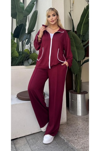 Butik Nilyam Women's Plus Size White Piping Detailed Stretchy Cardigan Sweatpants Set 25051