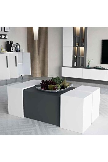 Stylish Home Center Table with 4 Service Tables - CT61 120x33.4x120, White and Grey