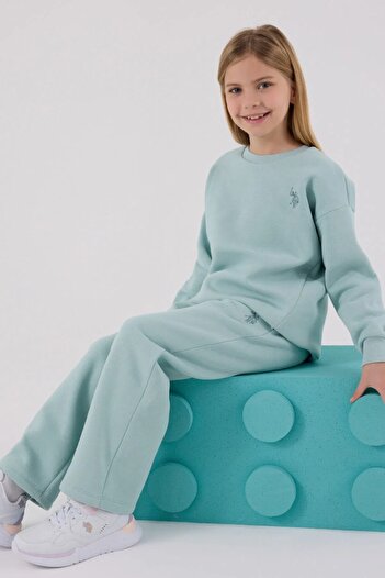 U.S. Polo Assn. Polo Girls' Comfortable Long Sleeve Cotton Pajama Set Water Green Soft Fabric