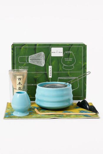 The Matcha Corner Matcha tea set with ceramic bowl, strainer, traditional spoon, bamboo matcha whisk and stand