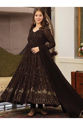 MYSMAR Charcoal Black Georgette Gown - PMM18602 | Charcoal Black