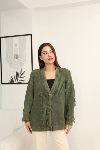 AYASOFYA OTANTIK Women's Khaki Button Closure Vintage Detailed Loose Cotton Knitwear Long Cardigan Cap