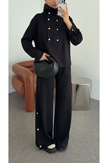 BRTC design Women's Black Premium Snap Detailed Stand Collar Modal Tracksuit Set