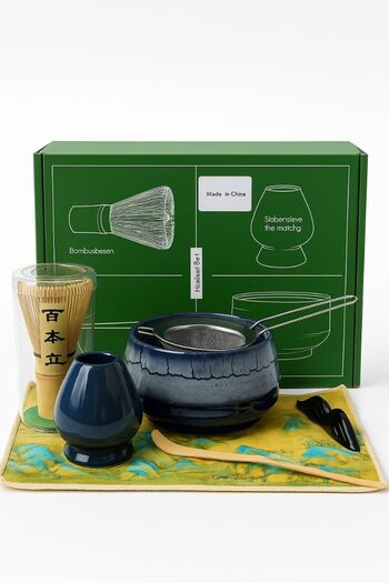 The Matcha Corner Matcha tea set with ceramic bowl, strainer, traditional spoon, bamboo matcha whisk and stand