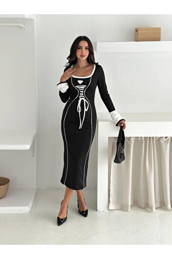 Jeevee Modal Fabric Corset Detailed Long Sleeve Dress