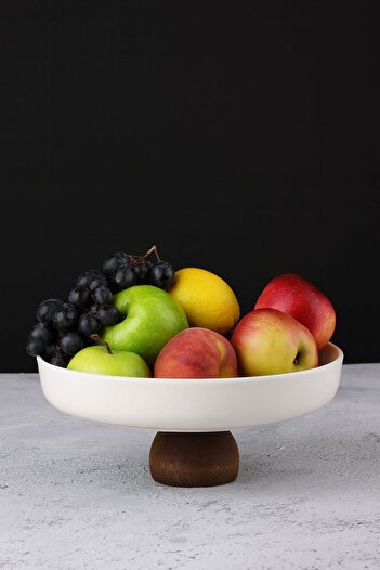MODA OZY Porcelain Presentation Plate with Wooden Stand, Presentation Plate, Fruit Bowl, Salad Bowl, Presentation Plate