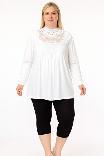 HÜLYA BUTİK Women's Cream Color Collar Lace Detailed Sleeve Elastic Blouse