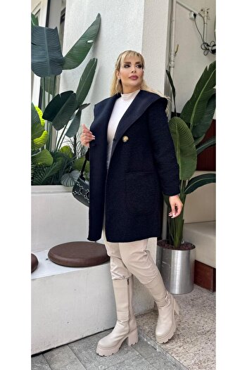 Butik Nilyam Women's Plus Size Hooded Button Detailed Pocket Lamb Cardigan Jacket 25052