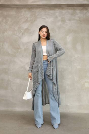 AYASOFYA OTANTIK Women's Gray Non-Fading Distressed Detailed Loose Cotton Knitwear Long Cardigan Cap