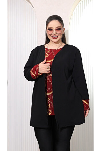 HÜLYA BUTİK Women's Plus Size Burgundy Inner Black Jacket Suit