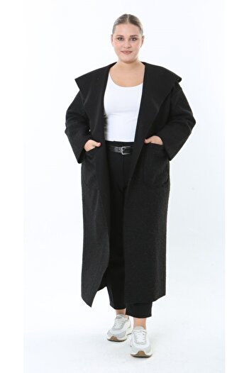 Butik Nilyam Women's Plus Size Long Hooded Turn-Down Collar Distressed Cashmere Cardigan Jacket Coat 25055