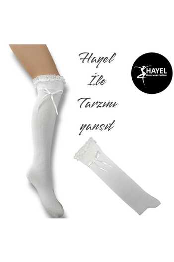 HAYEL 1 Pair Women's White Knee-High Lace Bow High-Quality Cotton Socks