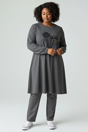 ECE GİYİM Women's Front Stone-Detail Tunic with Elastic Sleeves in Oversize Size
