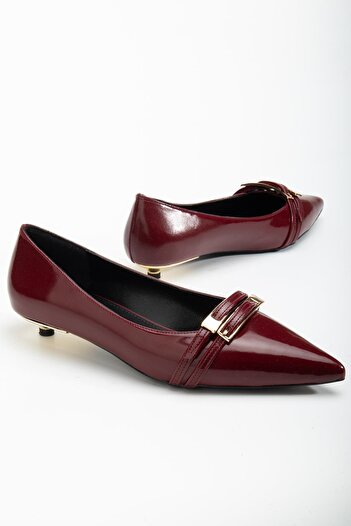 Dilimler Ayakkabı Women's Short Heeled Shoes Burgundy Patent Leather Small Heel Strappy