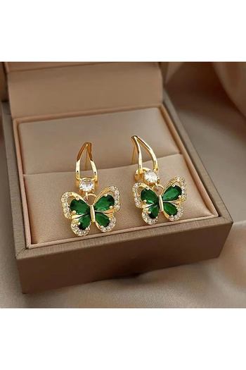 GlaMLo Accessories Golden butterfly earrings with green crystals