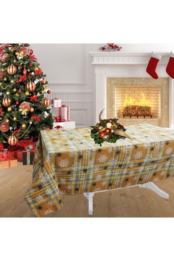 Kotonia Home Snow tablecloth - 160x300 cm, 100% cotton, caramel with Christmas motifs