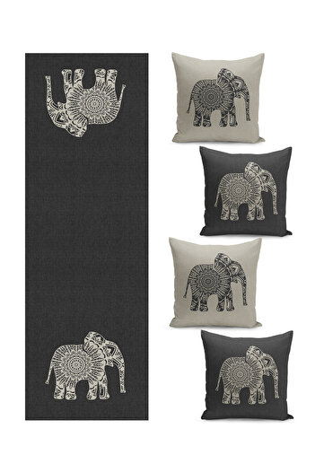 Filamente Special Design Quartet Kirlent Cover and Runner Set - Ethnic Elephant Patterned