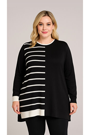 HÜLYA BUTİK Women's Black and White Striped Knitwear Tunic