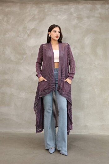 AYASOFYA OTANTIK Women's Purple Non-Fading Distressed Detailed Casual Cotton Knitwear Long Cardigan Cap