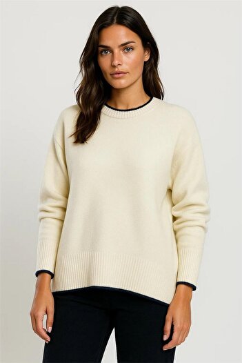 WeShaya Ecru Contrast Ribbed Detailed Crew Neck Soft Textured Loose Knit Sweater