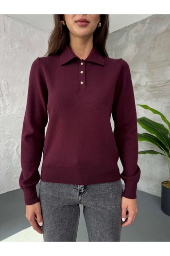 Elif Özbey Butik Burgundy Polo Neck Rose Buttoned Knitwear Sweater