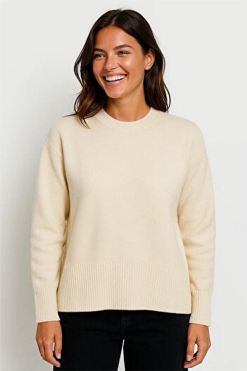 WeShaya Ecru Crew Neck Ribbed Detailed Soft Textured Loose Knit Sweater