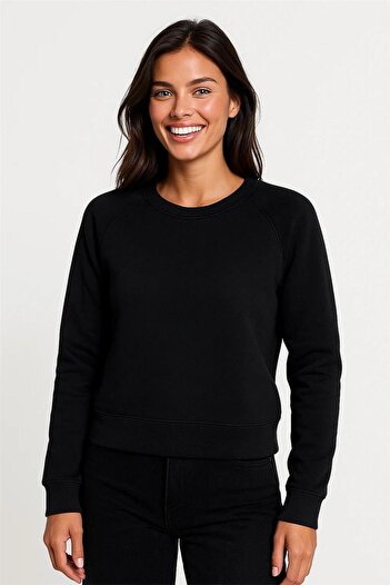 WeShaya Black Raglan Sleeve Ribbed Detail Crew Neck Three Thread Raised Crop Sweatshirt