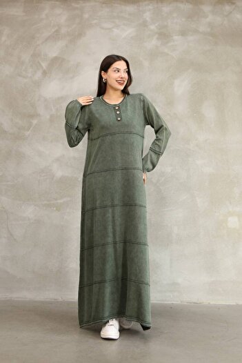 AYASOFYA OTANTIK Women's Khaki Button Detailed Round Neck Long Sleeve Vintage Detailed Loose Cotton Knit Long Dress