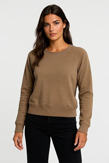 WeShaya Mink Raglan Sleeve Ribbed Detailed Crew Neck Three Thread Ribbed Crop Sweatshirt