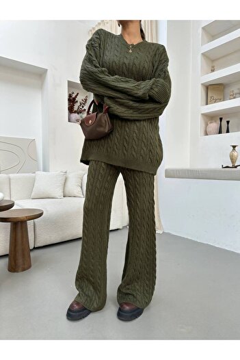 BOUQUET OF TULİP Hair Braid Model Crew Neck Sweater Knitwear Pants Set