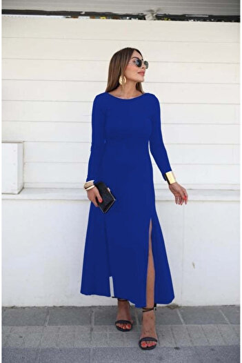 Nnstartshopping Women's Long Sleeve Lightweight Boat Neck Back Low-Cut Slit Detail Viscose Full Length Dress