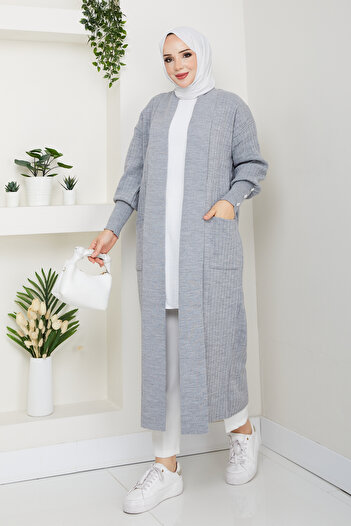 Pamuk Butik Women's Sleeve Buttoned Shawl Collar Steel Knitted Sweater Cardigan