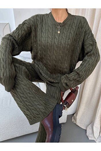 BOUQUET OF TULİP Hair Braid Model Crew Neck Sweater Knitwear Pants Set