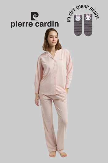 Pierre Cardin Women's Pink Licensed Soft Texture Long Sleeve Striped Buttoned Women's Pajama Set 2 Pairs of Socks Gift