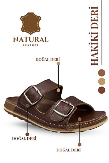 Moda Anna Sermoda Genuine Leather Men's Slippers Natural Leather Slippers t Brown