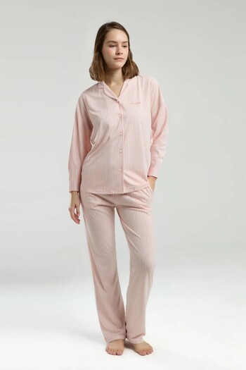 Pierre Cardin Women's Pink Licensed Soft Texture Long Sleeve Striped Buttoned Women's Pajama Set 2 Pairs of Socks Gift