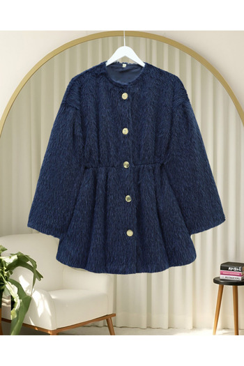 Modamorfo Fur Coat with Lining and Gathered Waist - Navy