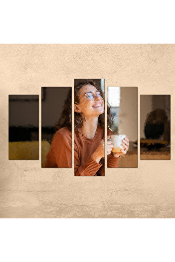 Generic Wall panel - Girl drinking coffee - 300924 - divided into five graduated pieces - 1