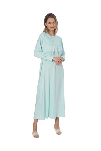 Dayı 100% Cotton Combed Embroidered Half Placket Buttoned Women's Long Sleeve Classic Mother Nightgown Dy1001