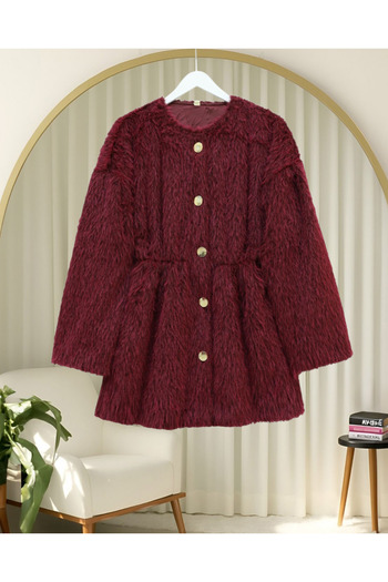 Modamorfo Fur Coat with Lining and Gathered Waist - Burgundy