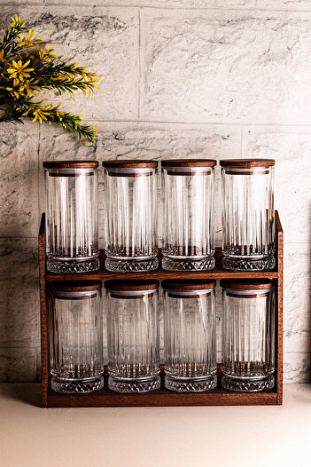 Snippy Mira Large - Set of 8 Glass Spice Jars with Vacuum Wood Lid and Wooden Stand Storage Container Set 445 ml