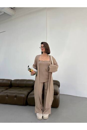 BOUQUET OF TULİP Strapless Blouse Knitwear Pants Cardigan Three-Piece Set