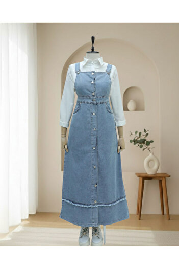 Modamorfo Skirt with Tassel Detail, Buttoned Front, Pocketed Denim Salopet - Ice Blue