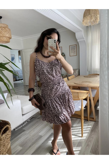 ARONA Mdb Women's Strap V-Neck Waist Pleated Leopard Print Skirt Ruffled Single Jersey Dress