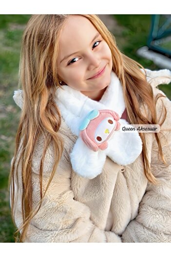 QUEEN AKSESUAR Cute Kuromi My Melody Figured Plush Toy Soft Neck Scarf with Fluffy Fur White