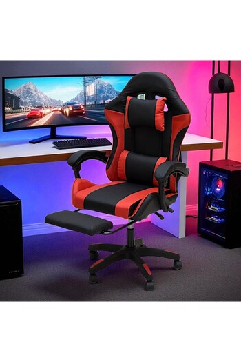 Sabir and Bros Furniture LLC SBF Gaming Chair with Footrest, Adjustable Height, Faux Leather Office Computer Chair, Red Black