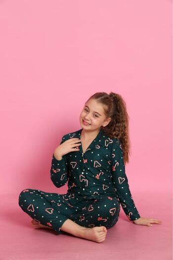 Beka Kids New Year Patterned Long Sleeve Button Front Shirt Collar Girls Pajama Set
