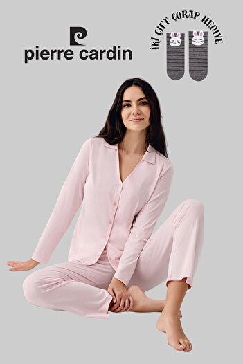Pierre Cardin Women's Pink Licensed Soft Texture Long Sleeve Buttoned Women's Pajama Set 2 Pairs of Socks Gift