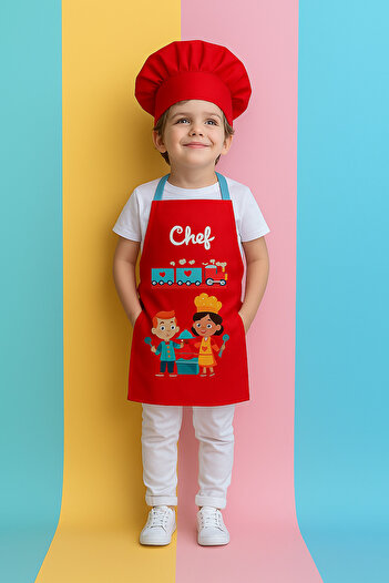 AYSHOME Ays Home Red Train Children's Kitchen Apron Set (1 Apron 1 Hat)