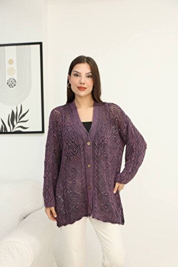 AYASOFYA OTANTIK Women's Purple Button Closure Vintage Loose Cotton Patterned Knitwear Long Cardigan Cap